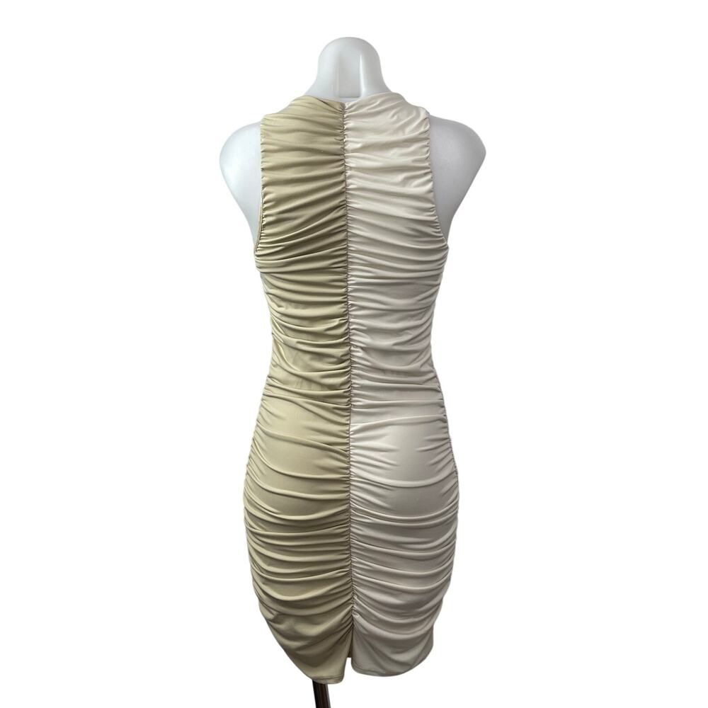 Abercrombie & Fitch Beige Khaki Colorblock Cutout Ruched Mini Bodycon Dress ST - Picture 4 of 7